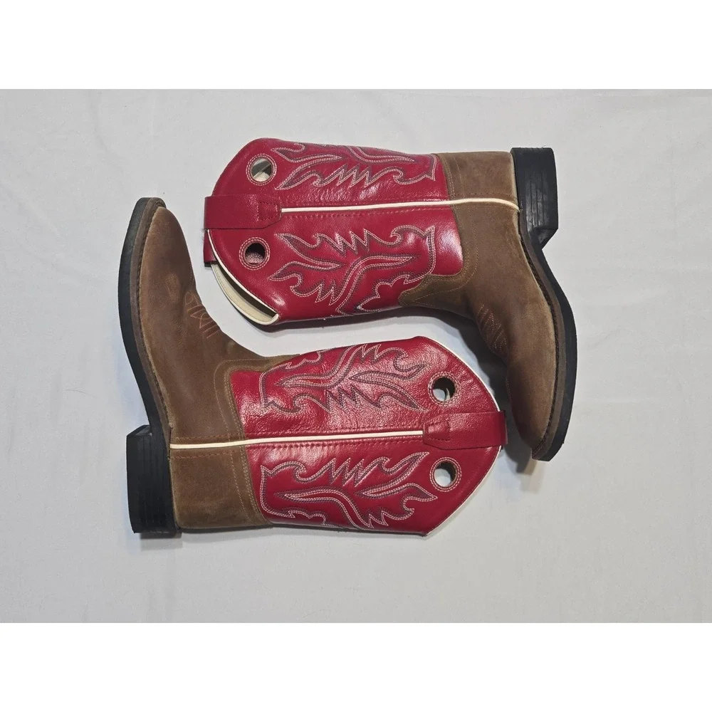 Old West Kids Size 2 Unisex Brn/Red Leather Western Boot Square Toe Ultra-Flex